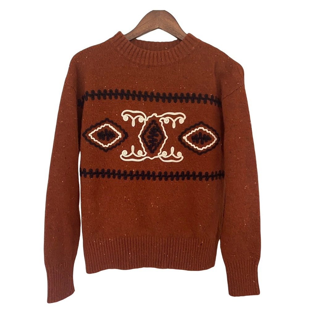 Mavi Embroidered Rust Orange Women Sweater Small Crewneck Boho Western Knit